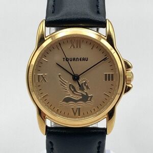 Tourneau Pegasus Watch Women 30mm Gold Tone Black Leather 30M New Battery 8.25"